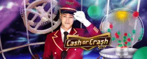 Cash or Crash live male host in red uniform with microphone and ball machine in space-themed studio
