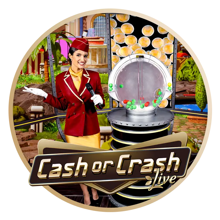 Cash or Crash live female presenter holding microphone beside ball machine with game logo